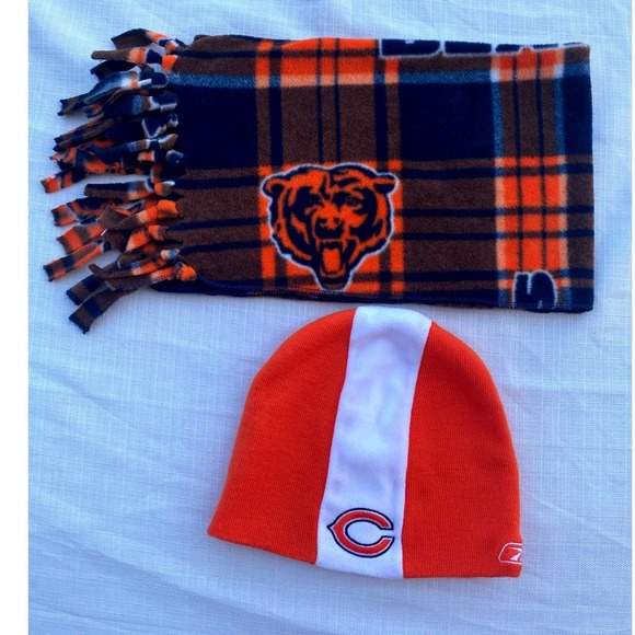 Chicago Bears NFL Hat & Scarf Set Orange Blue Plaid Fleece Winter Football - Picture 1 of 4